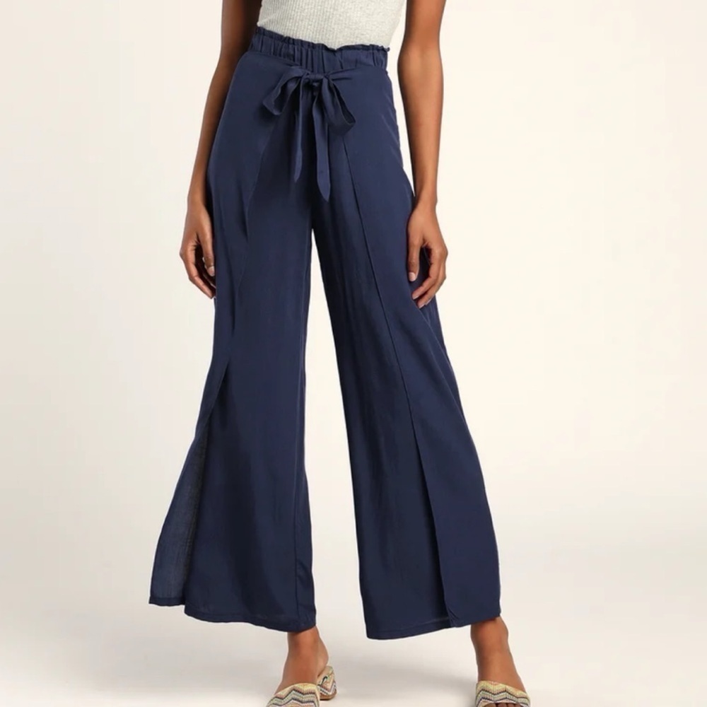 Lulus Always Here For You Navy Blue Tie Front Wide Leg Pants Pull On Ankle XS